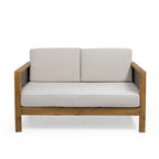 Outdoor Acacia Wood and Wicker Loveseat and Coffee Table Set with Cushions