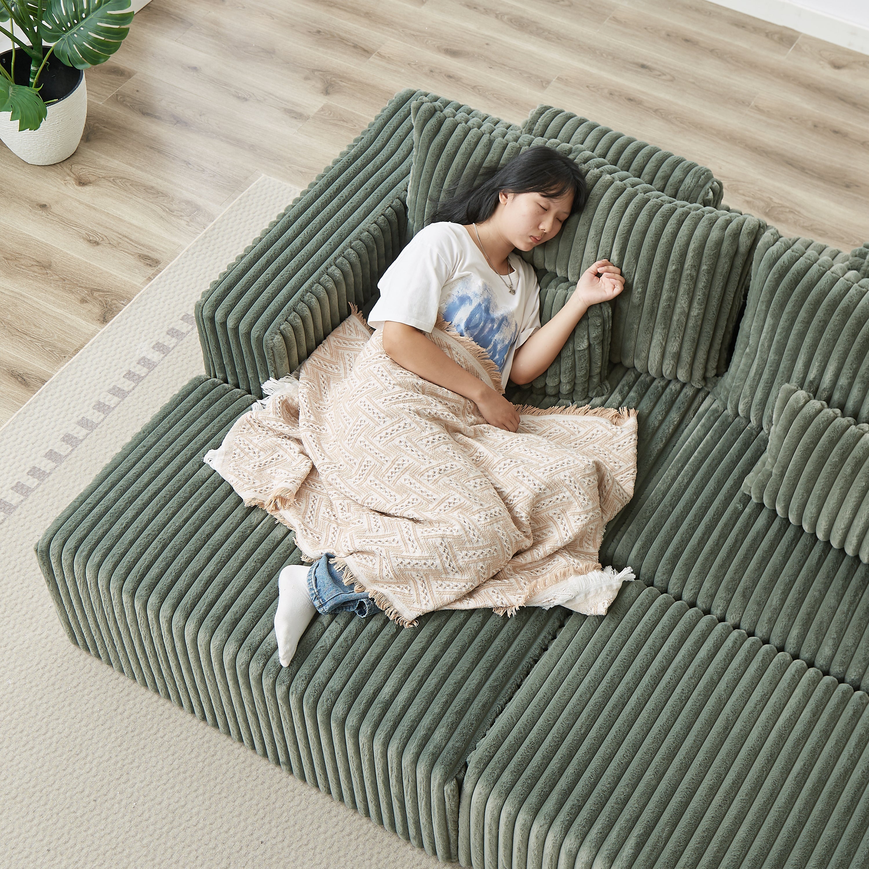 87' Oversized Sectional Lounge Chaise with Plush Corduroy Fabric