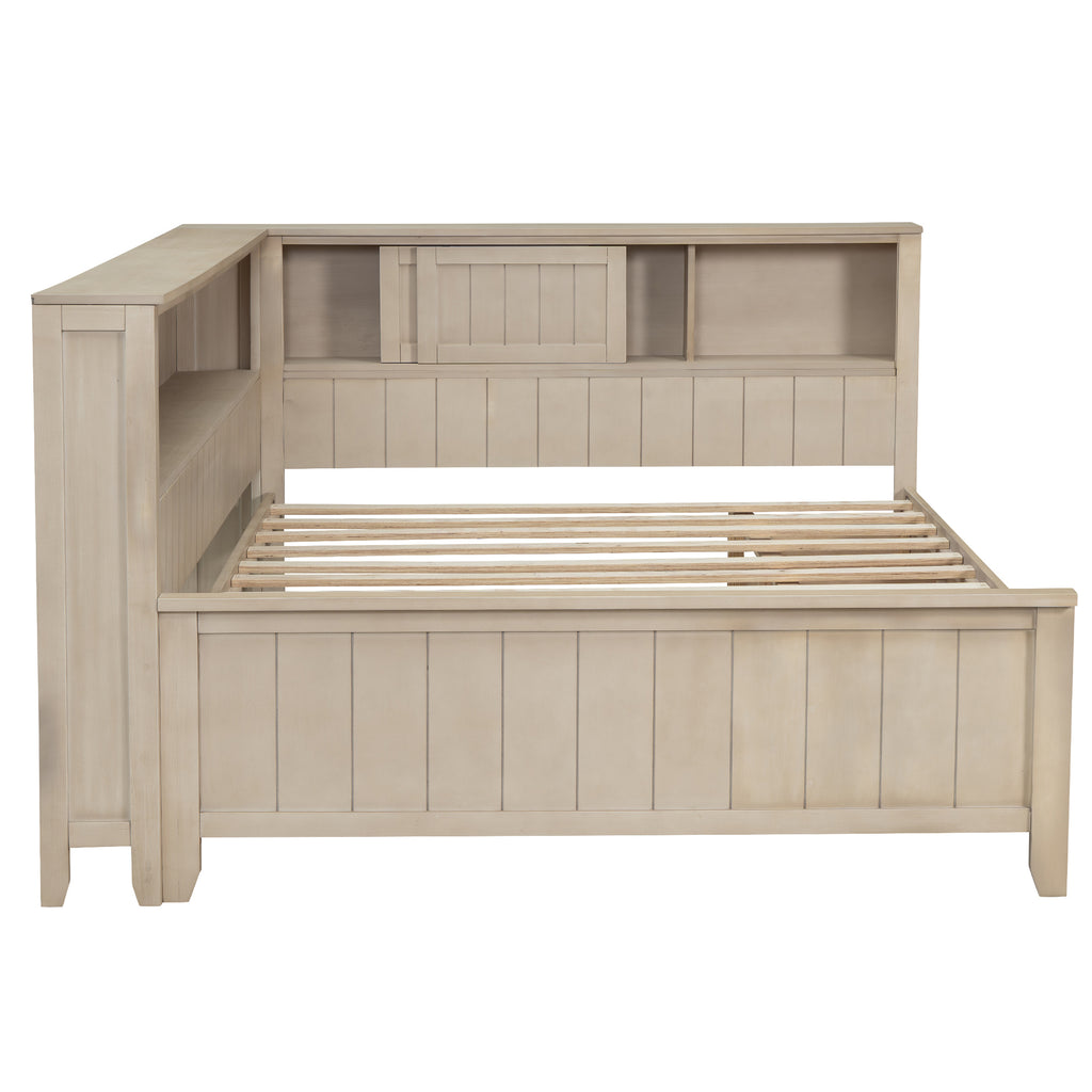 Full Size Wood Daybed with Storage Shelves and 3 Drawers, Antique