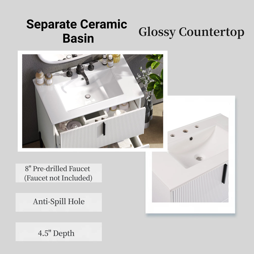 30" Bathroom Vanity with Ceramic Sink and Fluted Design