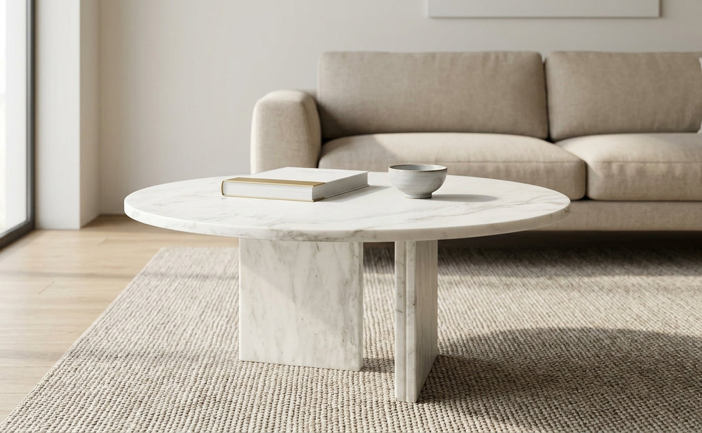 White Semi-Polished Marble Round Coffee Table