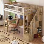Wood Twin Size Loft Bed with Built-in Desk, LED, Storage Shelves, Cabinets and Staircase