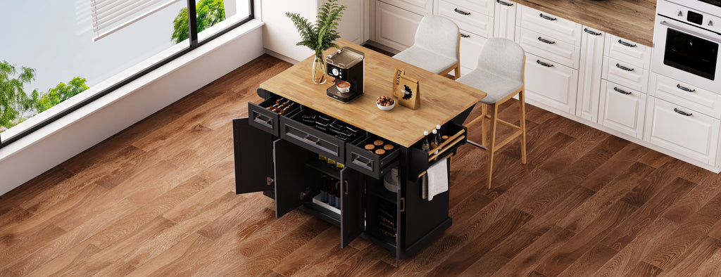 K&K 54-Inch Large Kitchen Island with Rubber Wood Drop Leaf