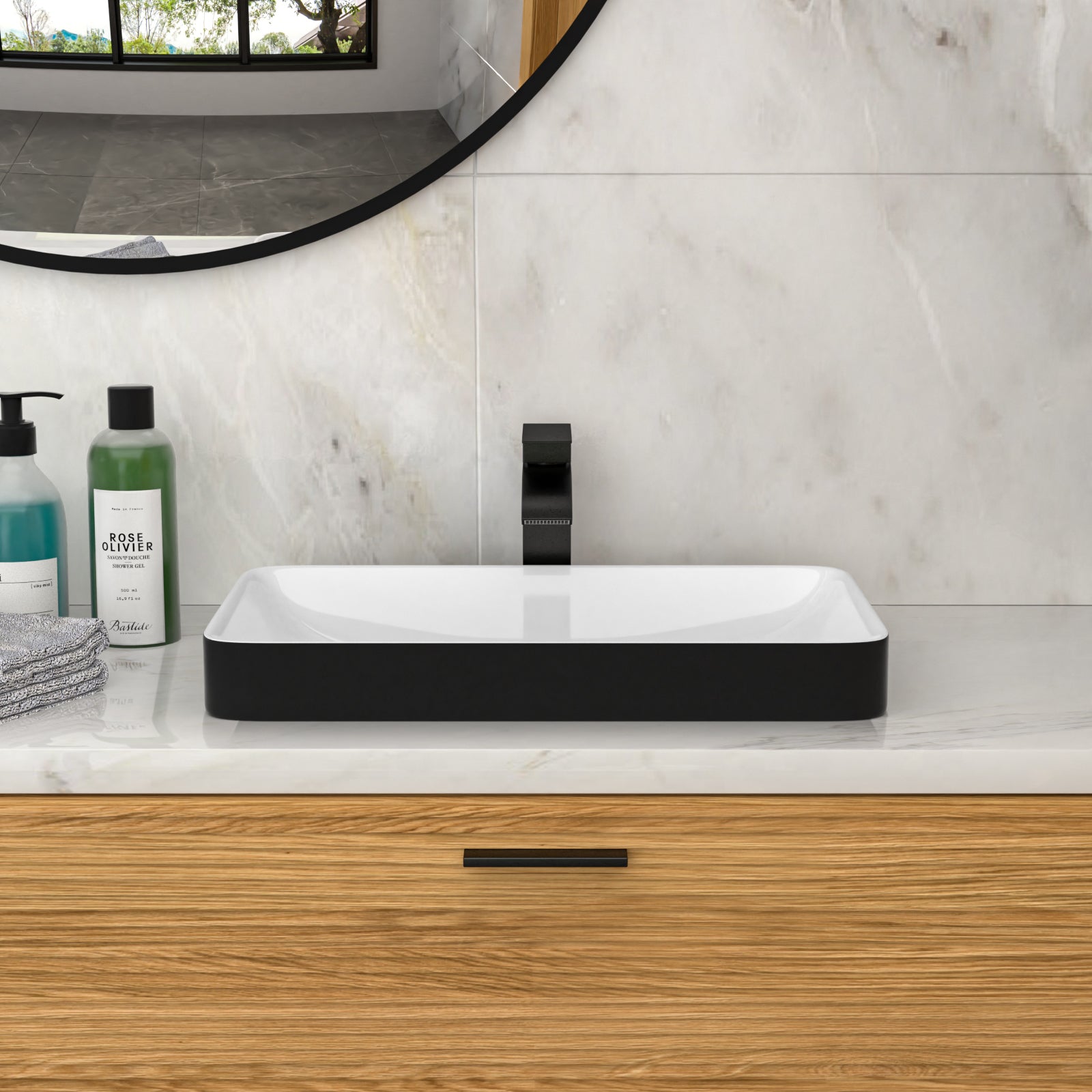 19"x12" White & Black Semi-Recessed Ceramic Bathroom Sink