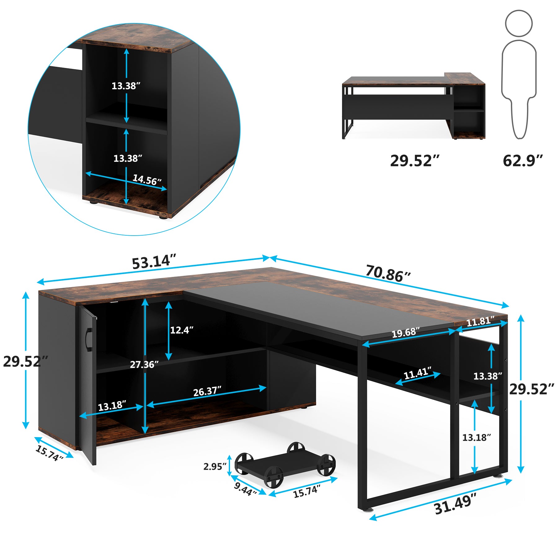 71" L-Shaped Executive Desk with Storage Cabinet & Shelves