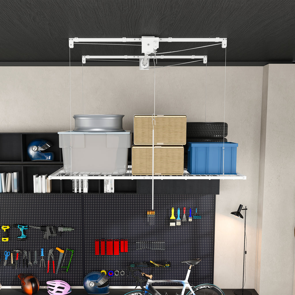 White Overhead Garage Storage Rack 4x8 FT for High Ceilings