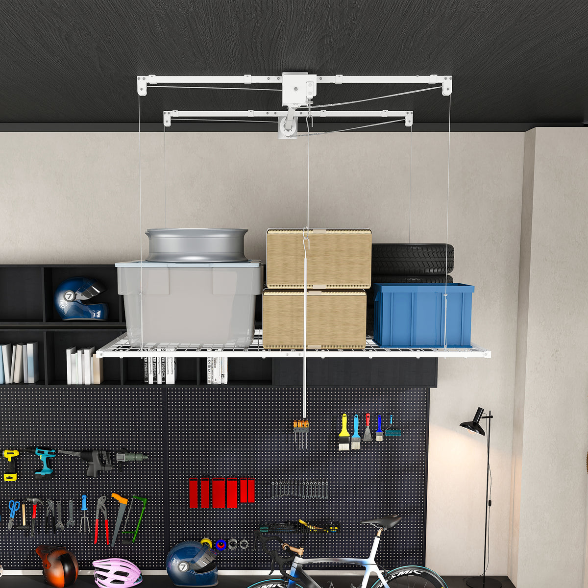 White Overhead Garage Storage Rack 4x8 FT for High Ceilings