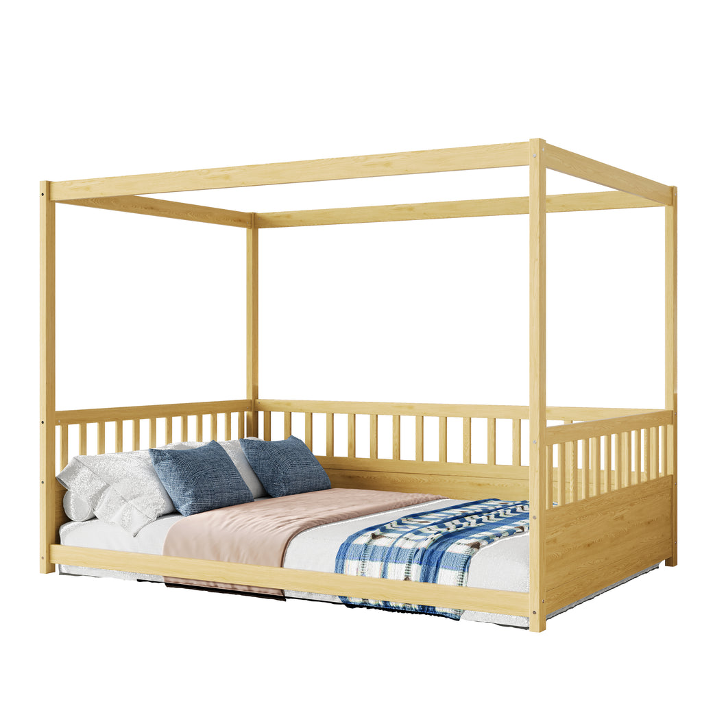 Full Size Canopy Bed Frame with Guardrails for Kids