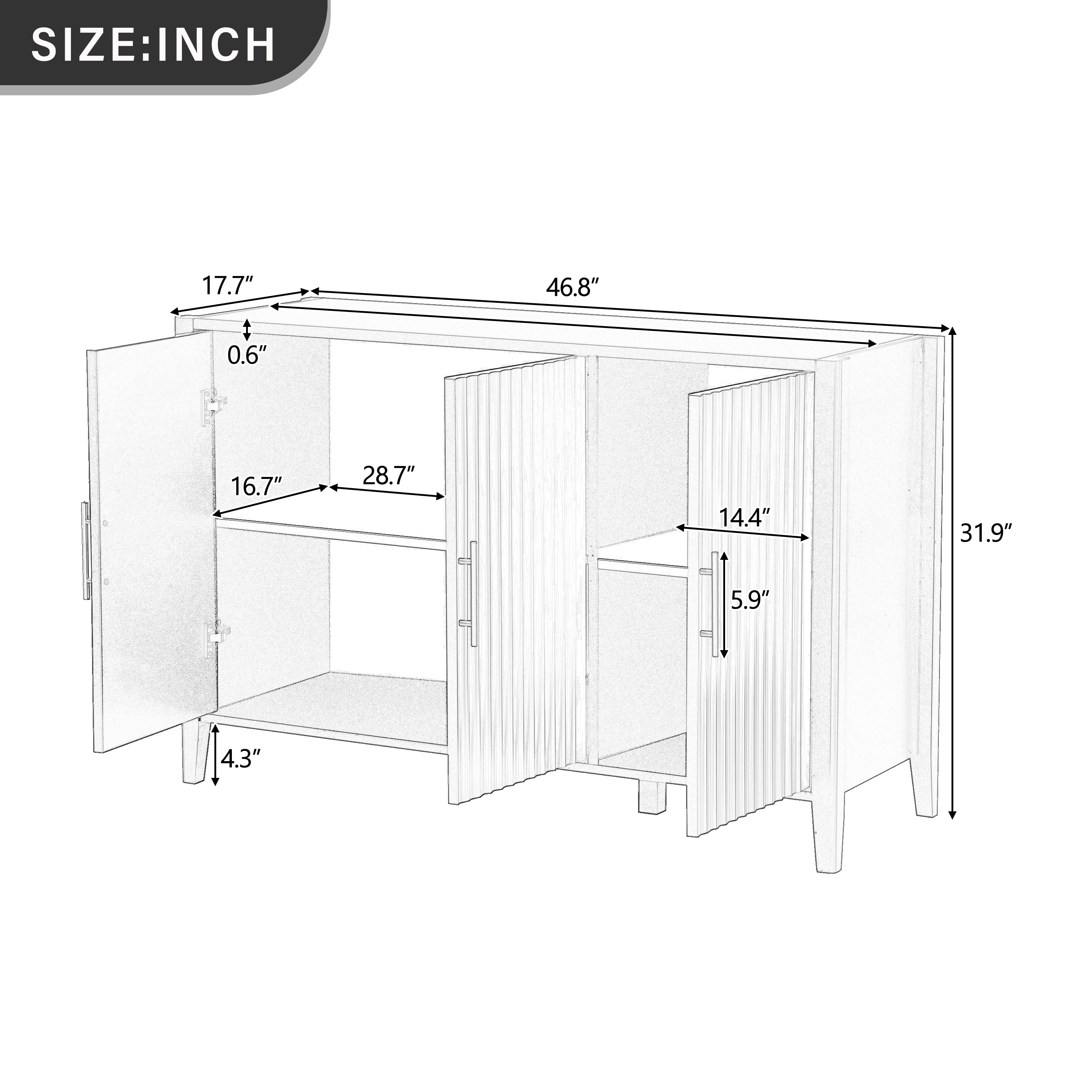U-Style Wavy 3-Door Sideboard with Solid Pine Legs