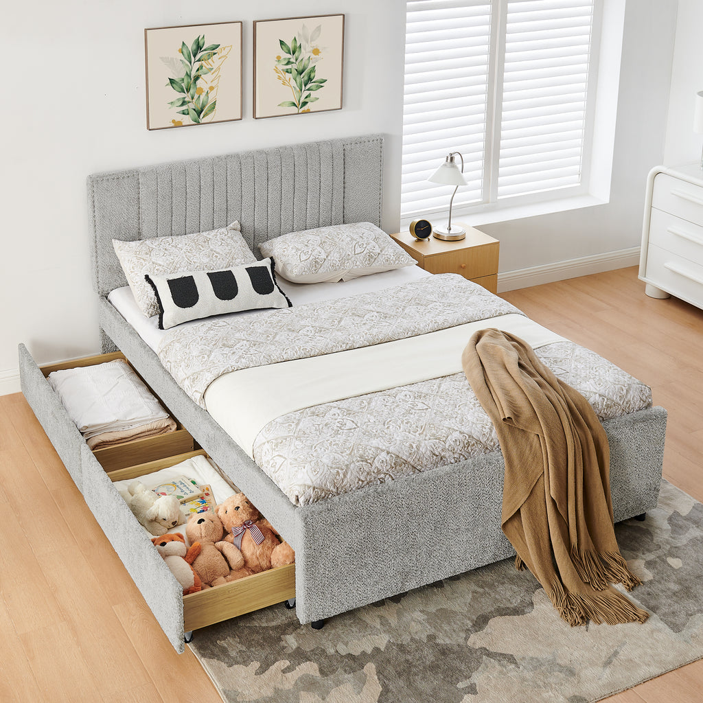 Queen Vertical Channel Tufted Upholstered Bed, Grey Chenille, Storage Drawers & Pull-Out Trundle