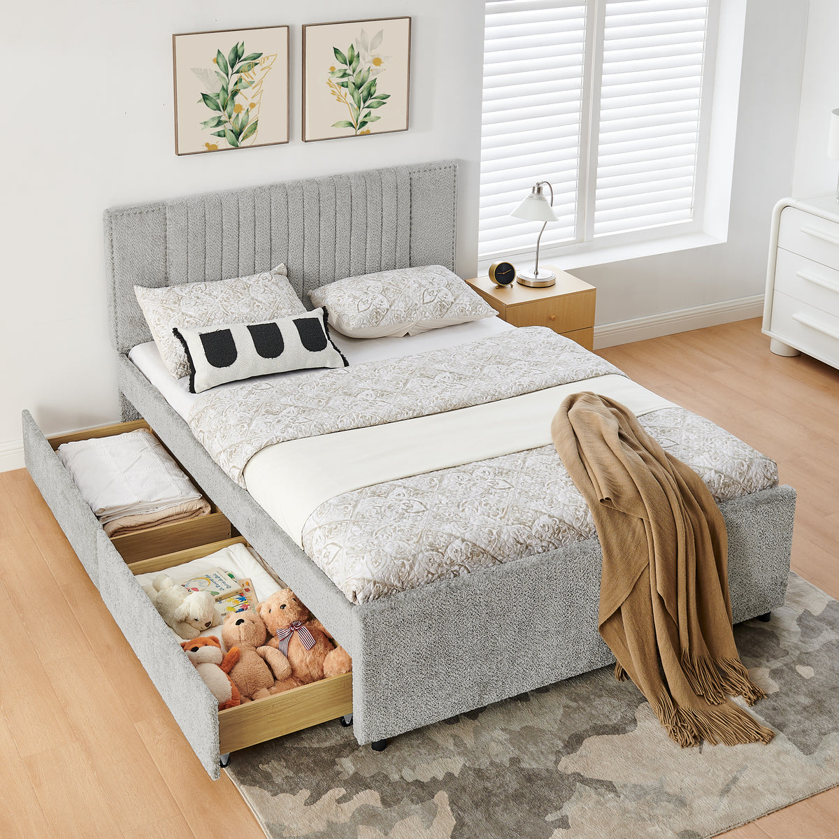 Queen Vertical Channel Tufted Upholstered Bed, Grey Chenille, Storage Drawers & Pull-Out Trundle