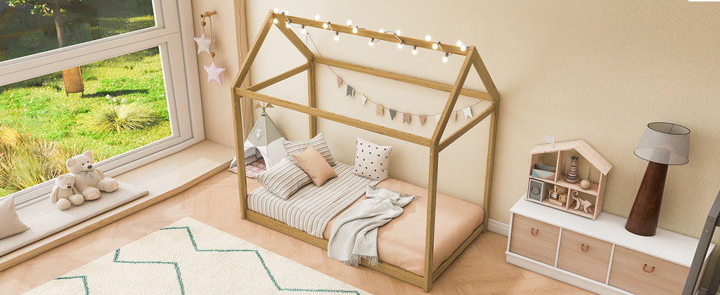 Twin Size Wooden House Bed, Wood Color