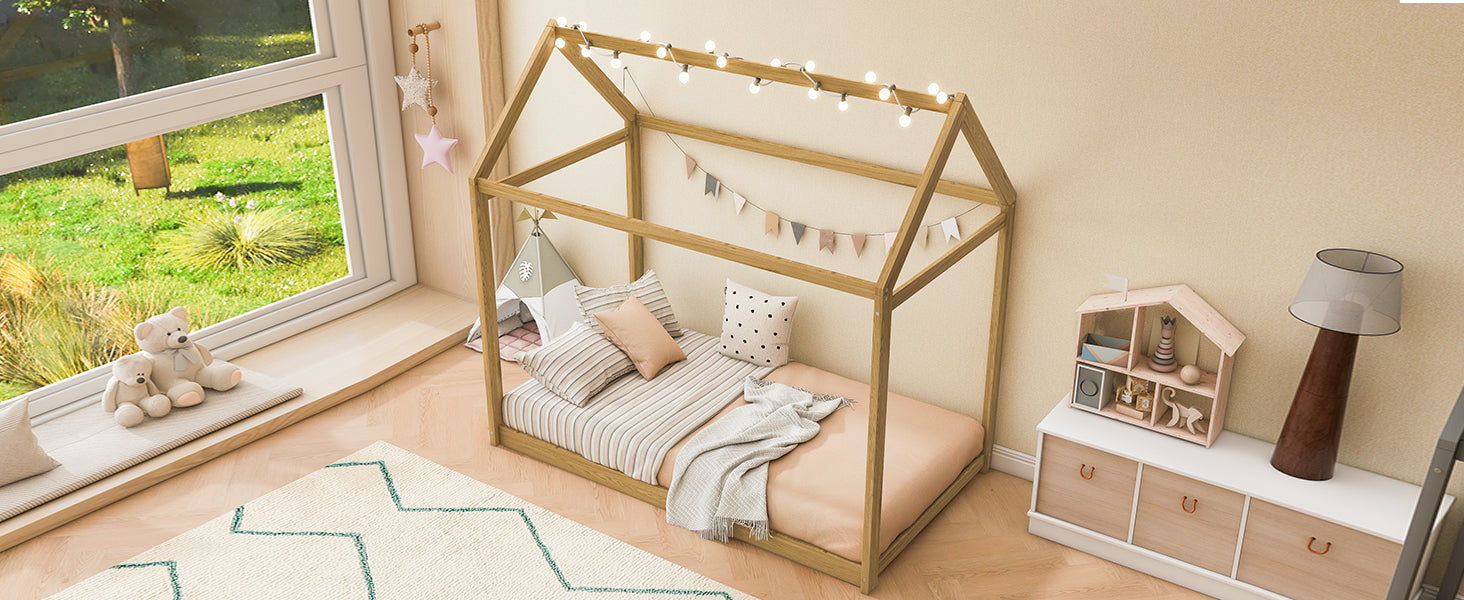 Twin Size Wooden House Bed, Wood Color