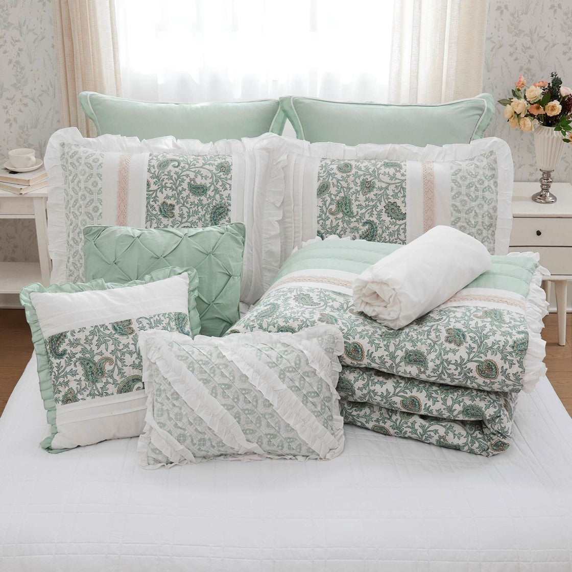 9 Piece Cotton Percale Comforter Set Aqua Queen