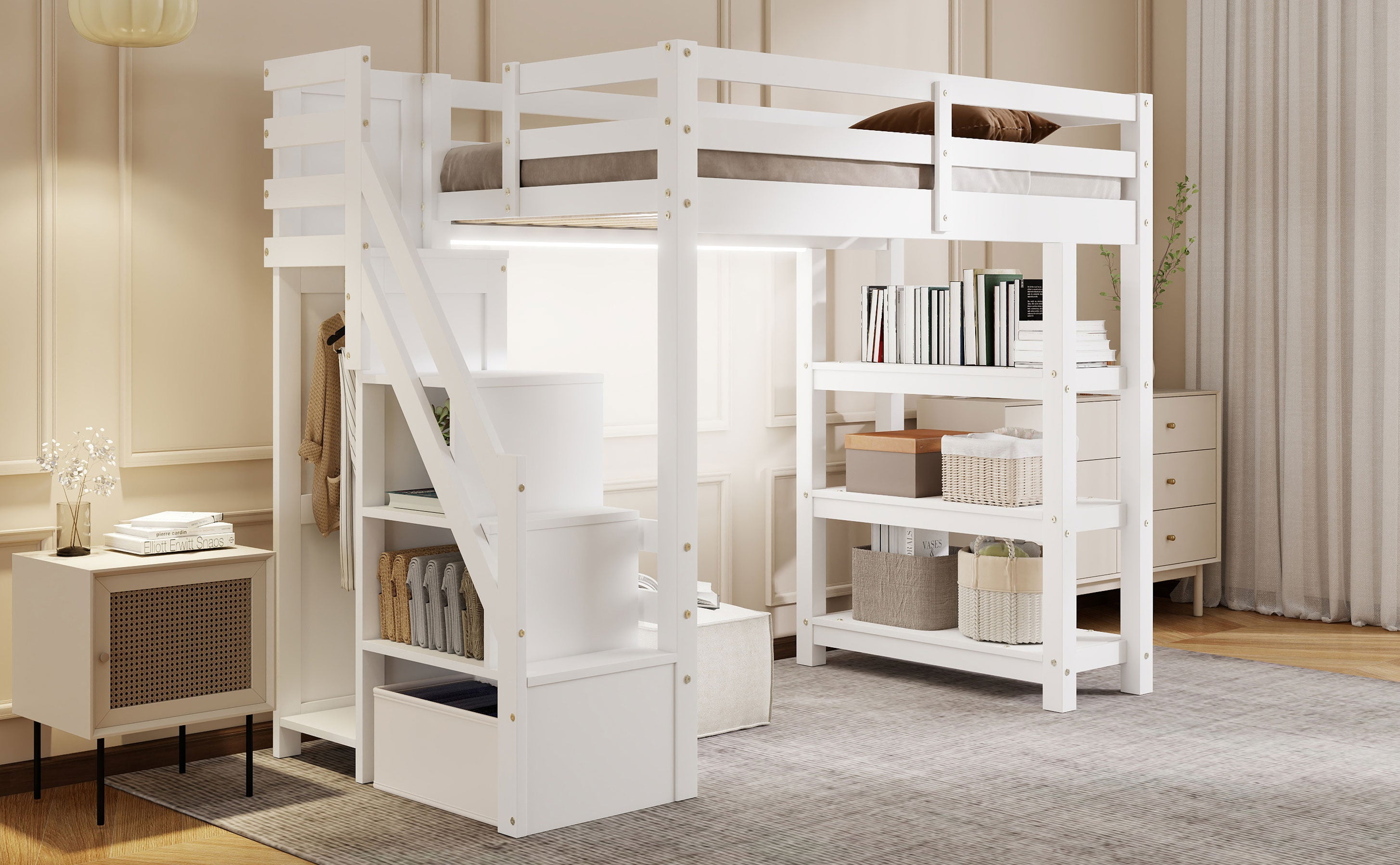 Twin Size Loft Bed with Shelves and Storage Staircase