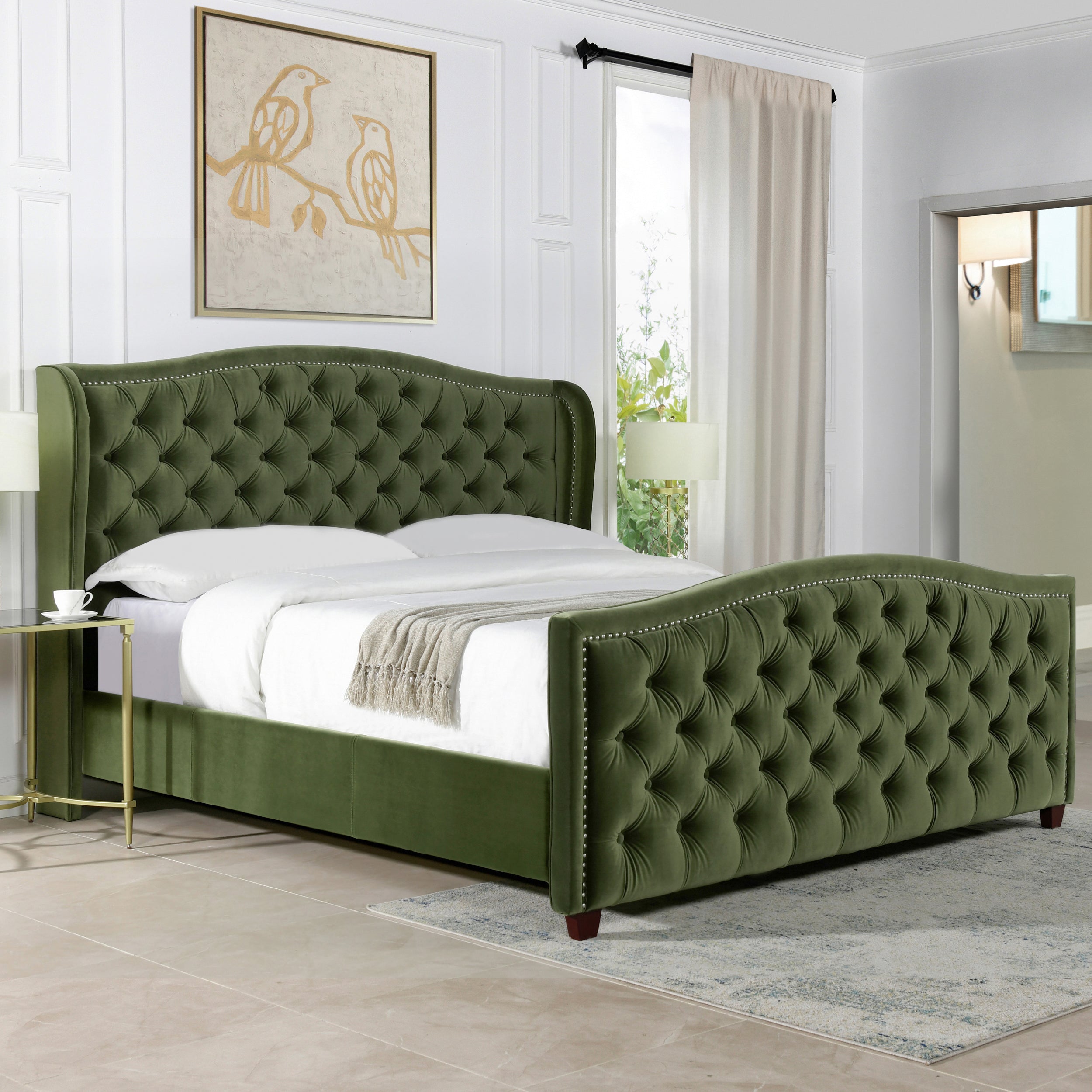 Marcella Upholstered Shelter Headboard Bed Set, King, Olive