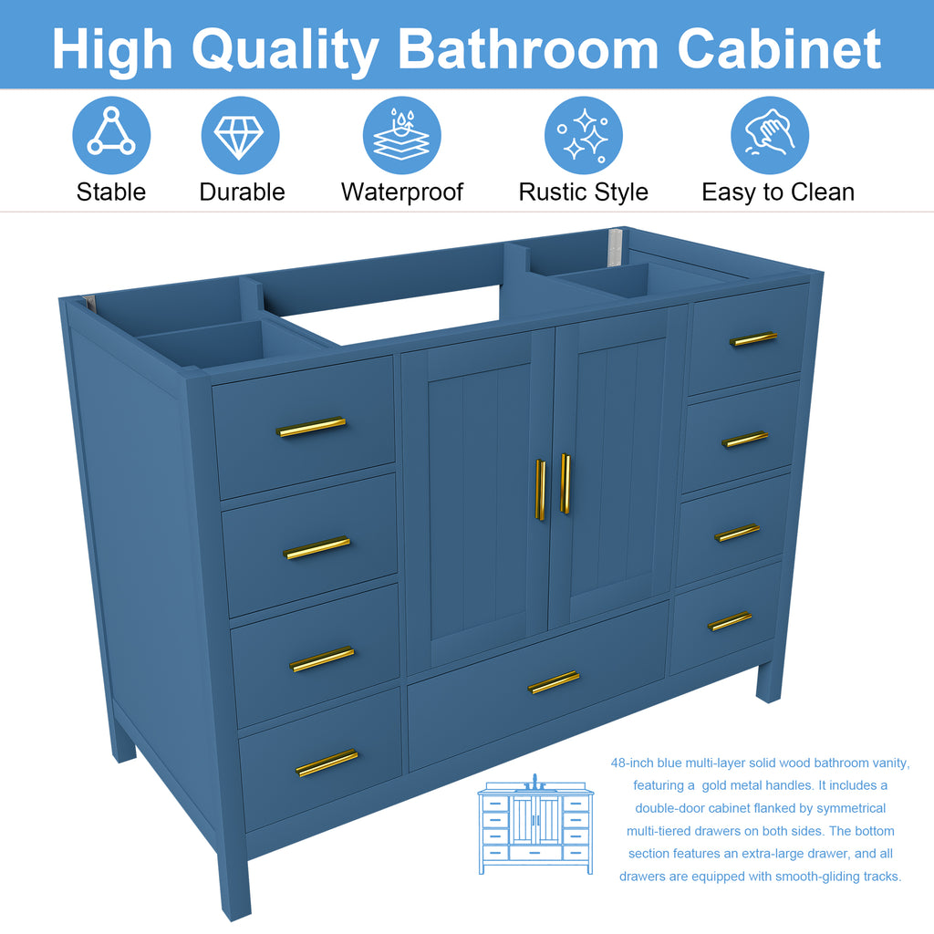 48" Bathroom Vanity Base Cabinet with 2 Soft-Close Double Doors & 9 Smooth Drawers