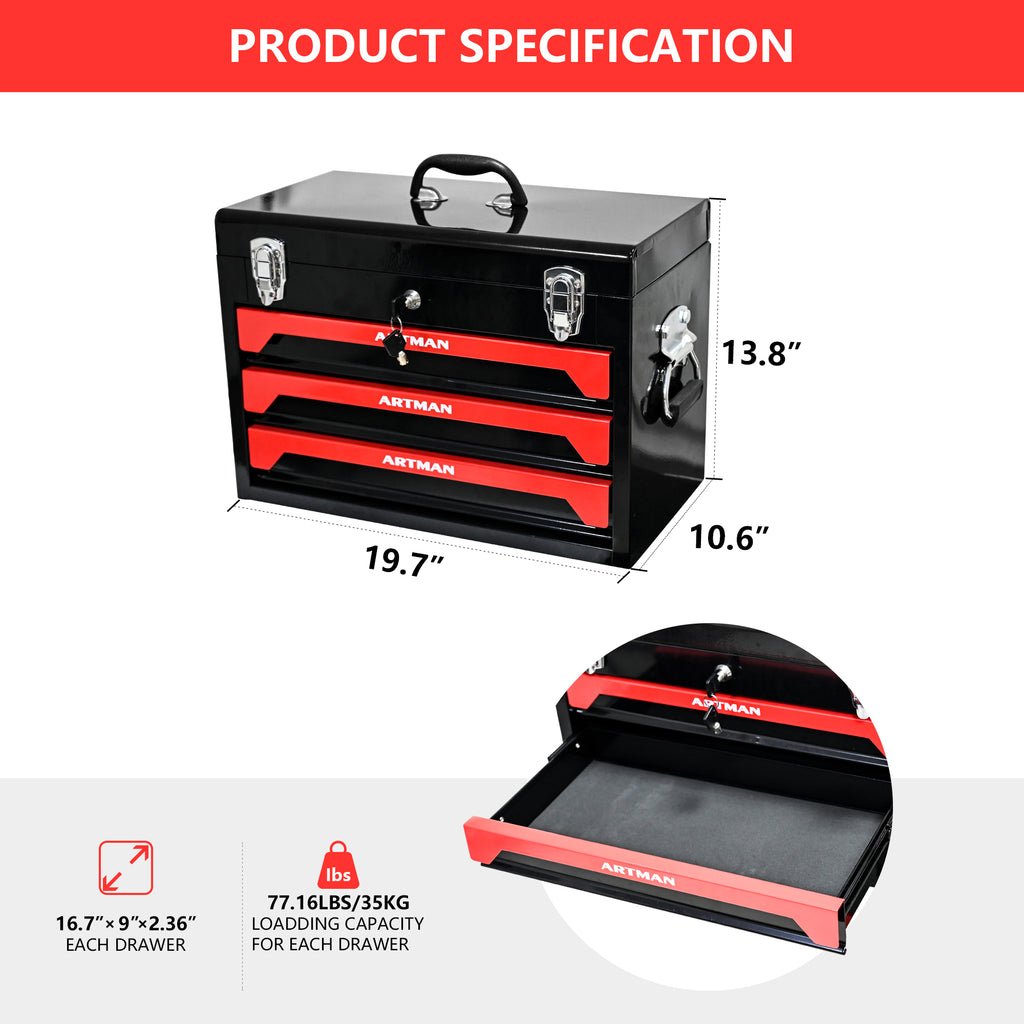 20" Portable 3 Drawer Steel Tool Box with Metal Latch Closure