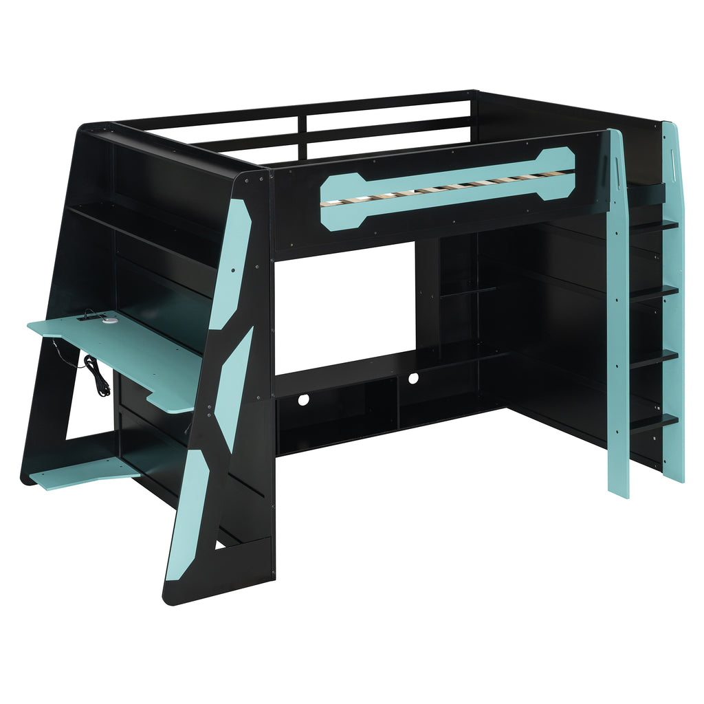 Full Size Wood Loft Bed with Desk, Multi-Storage Shelves and RGB Light, Cloud
