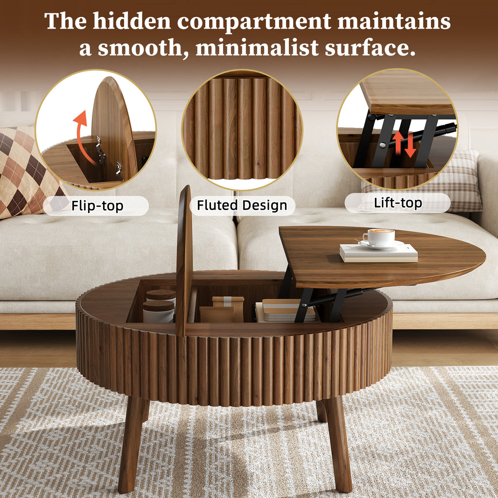 Modern Round Lift-Top Coffee Table with Half Flip-Top & Hidden Storage
