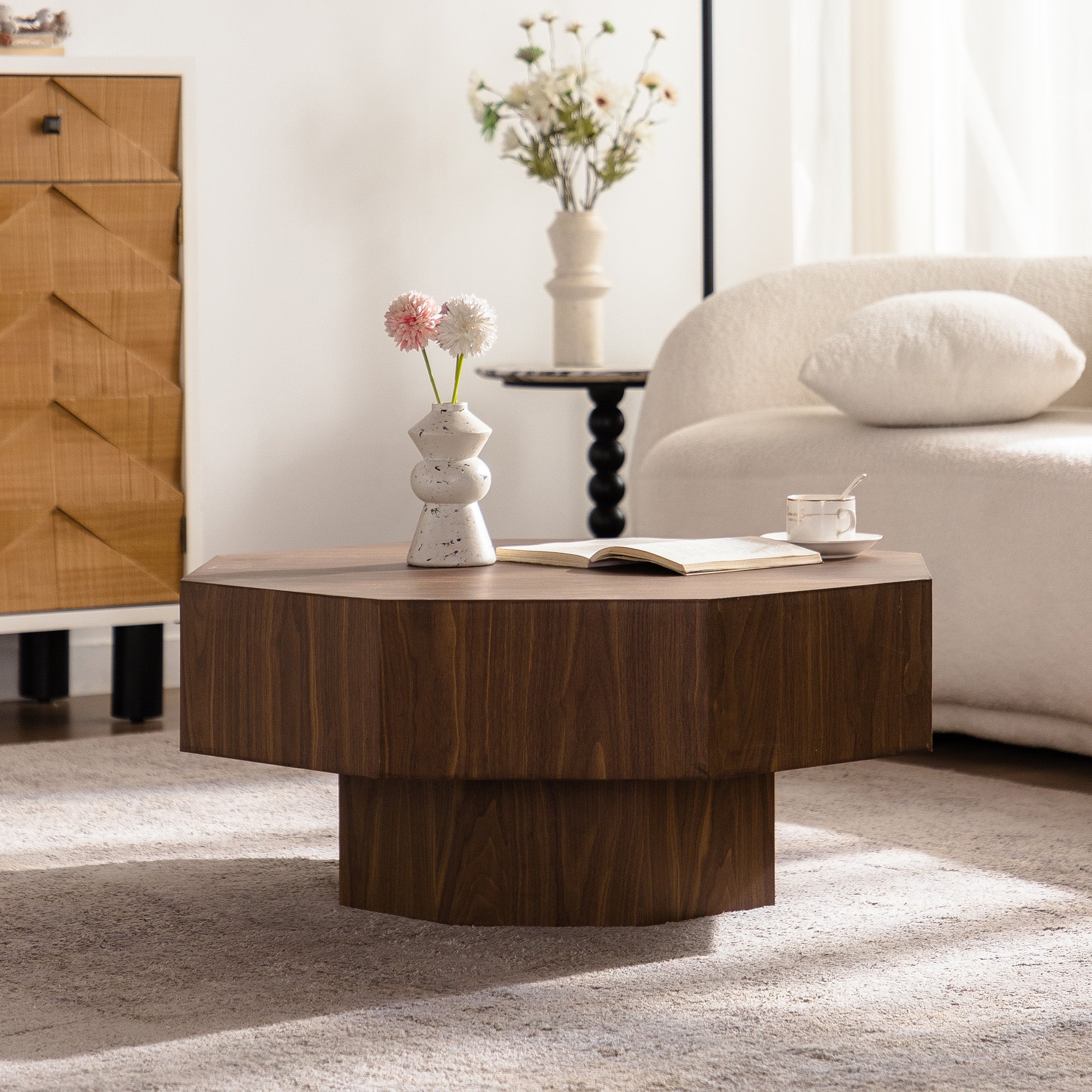 30.51 Inch Coffee Table Wooden Octagonal-Shaped for Living Room