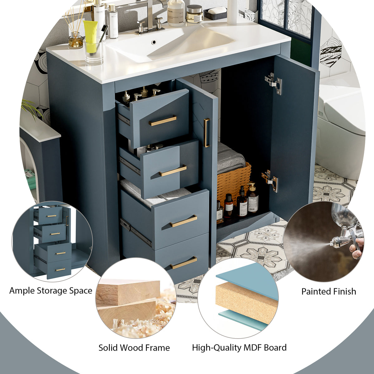36" Bathroom Vanity With Ceramic Sink Combo