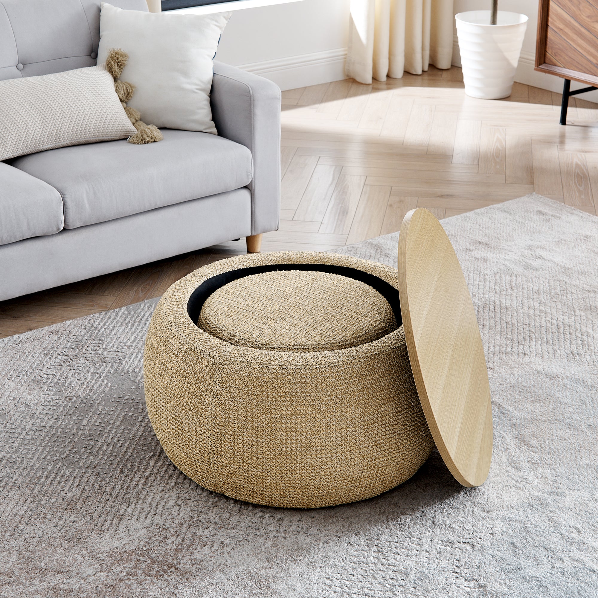 Round Storage Ottoman, Woven Rattan Fabric