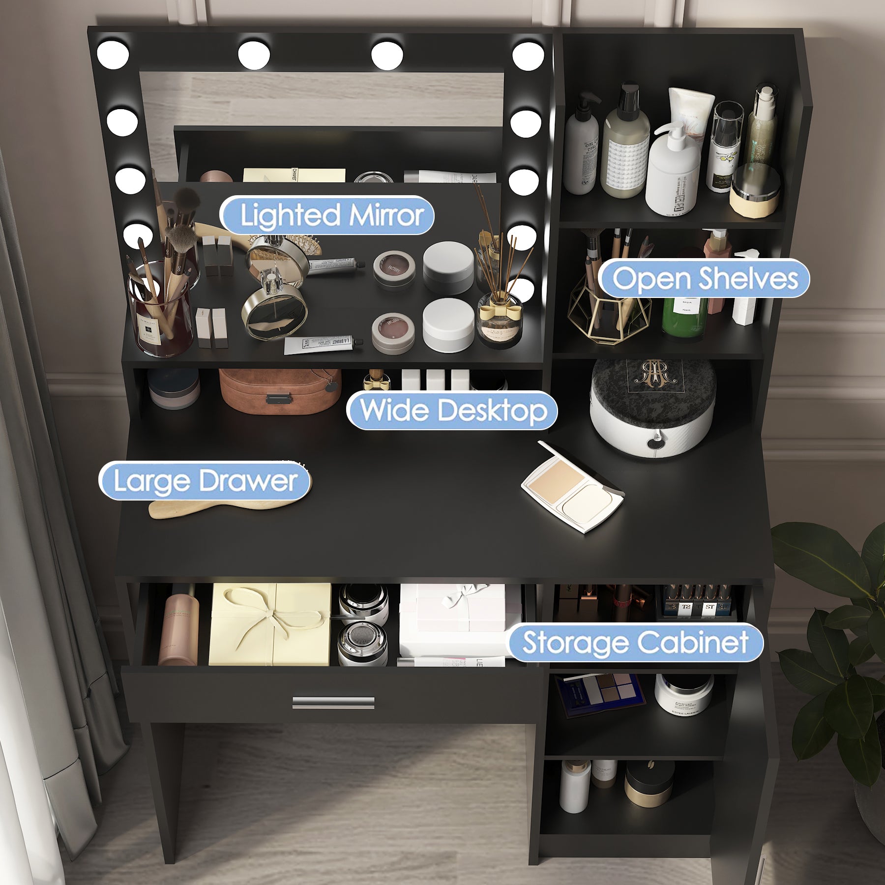 Vanity Desk with Mirror & Light, Large Drawer Three Level Storage Dresser