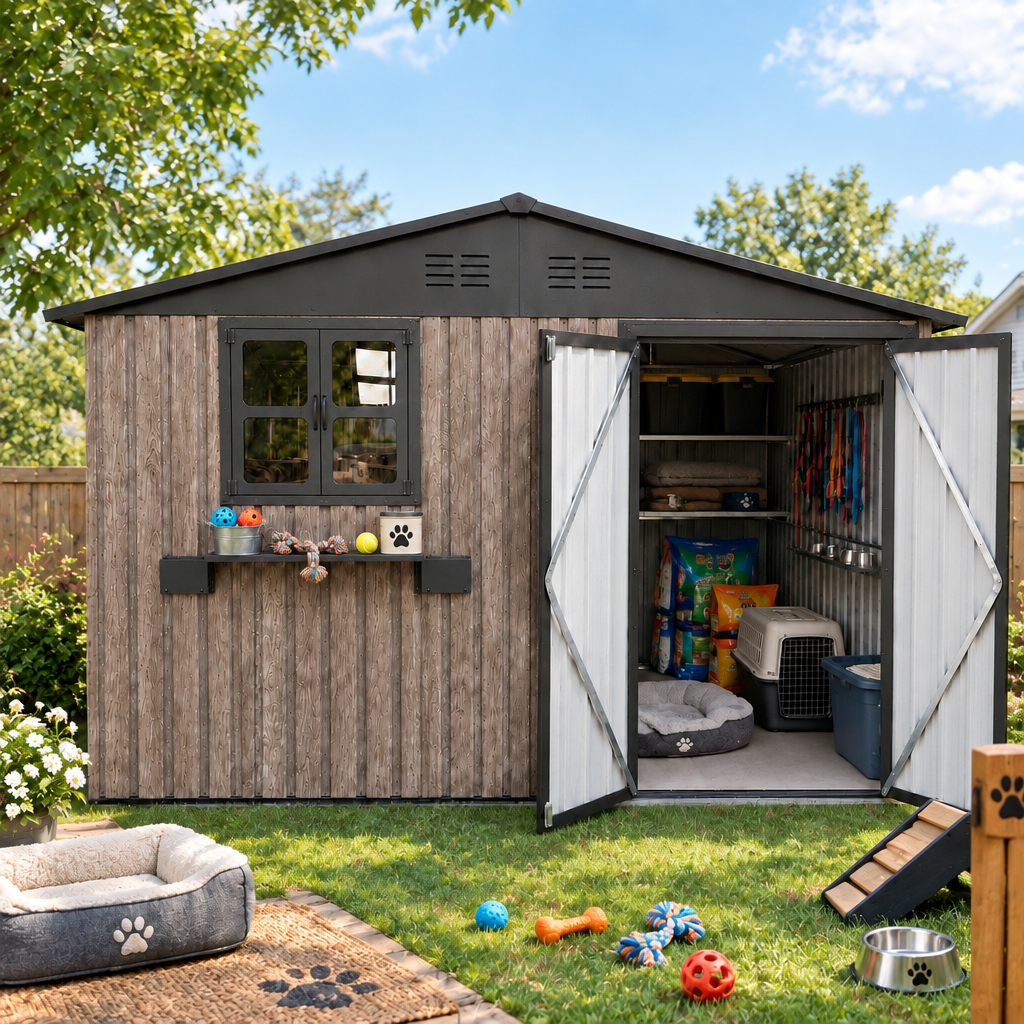 10x8 FT Outdoor Metal Storage Shed with Lockable Doors and Window, Grey and Black
