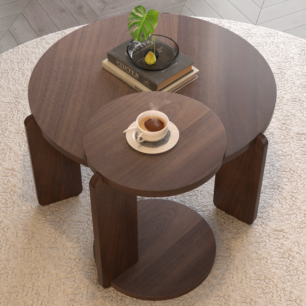 32.68 Inch Nesting Round Wood Coffee Table with End Table Set of 2