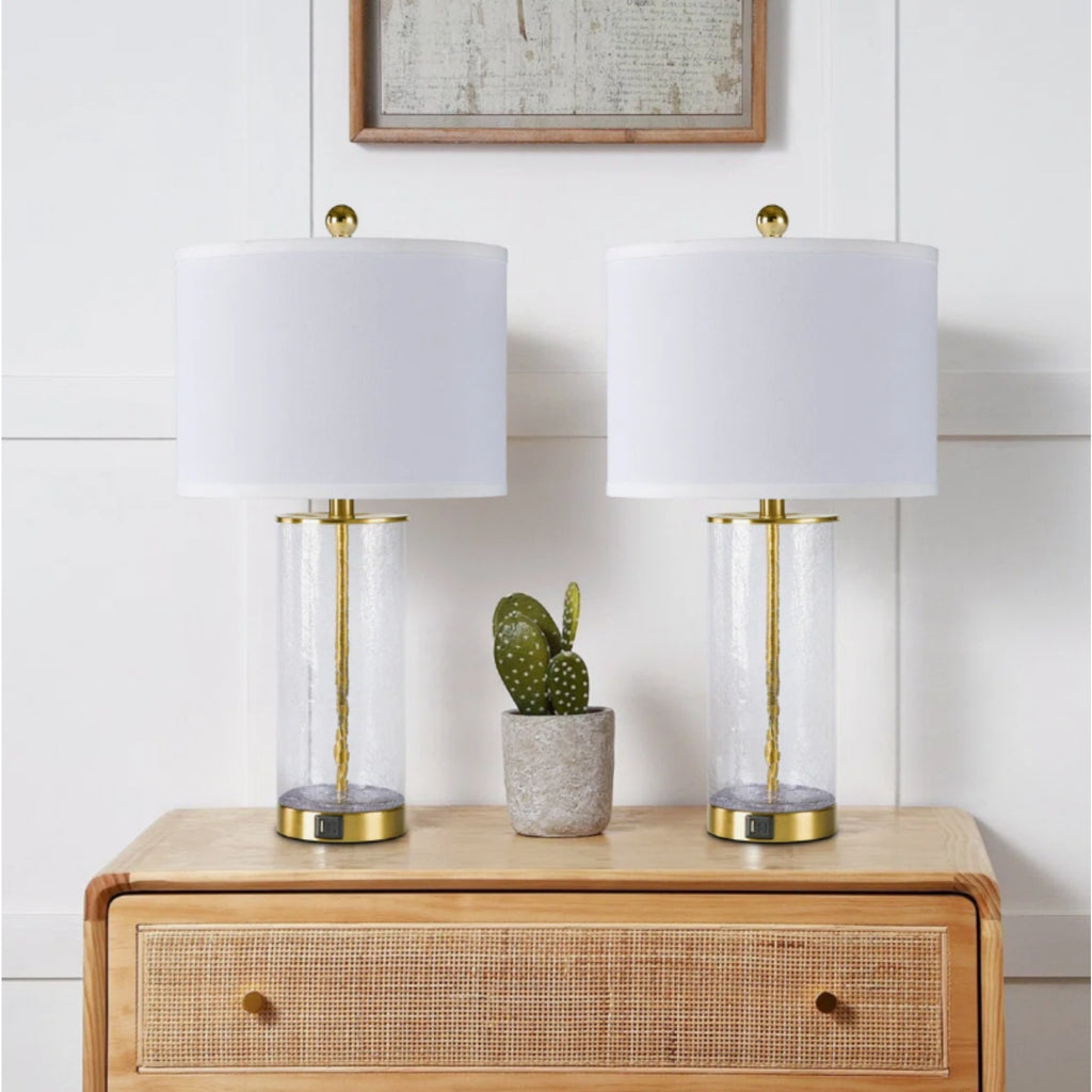 Modern Glam Glass and Metal Table Lamp Set, 23.25-Inch, Gold, USB Charging