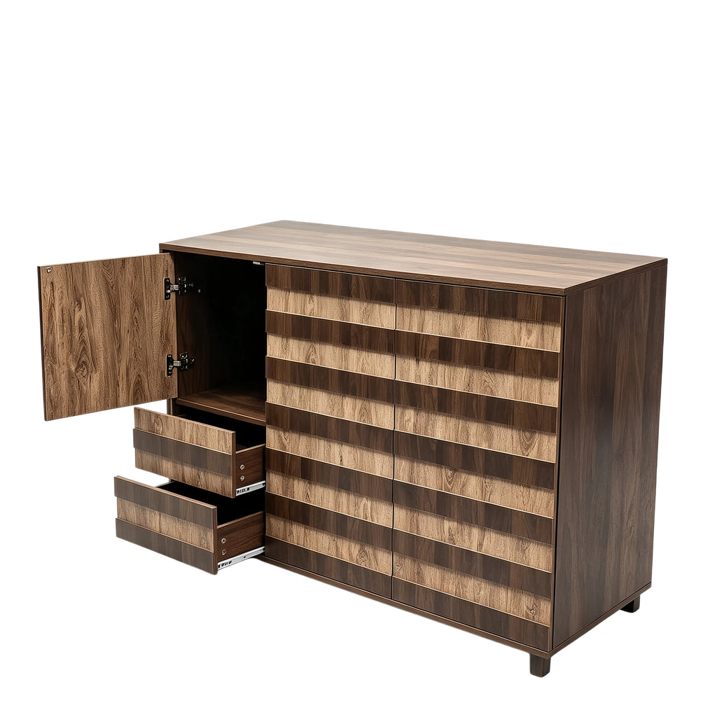 55-Inch Two-Tone Wood Sideboard Buffet Cabinet, Star-Cutout Design, Natural Walnut