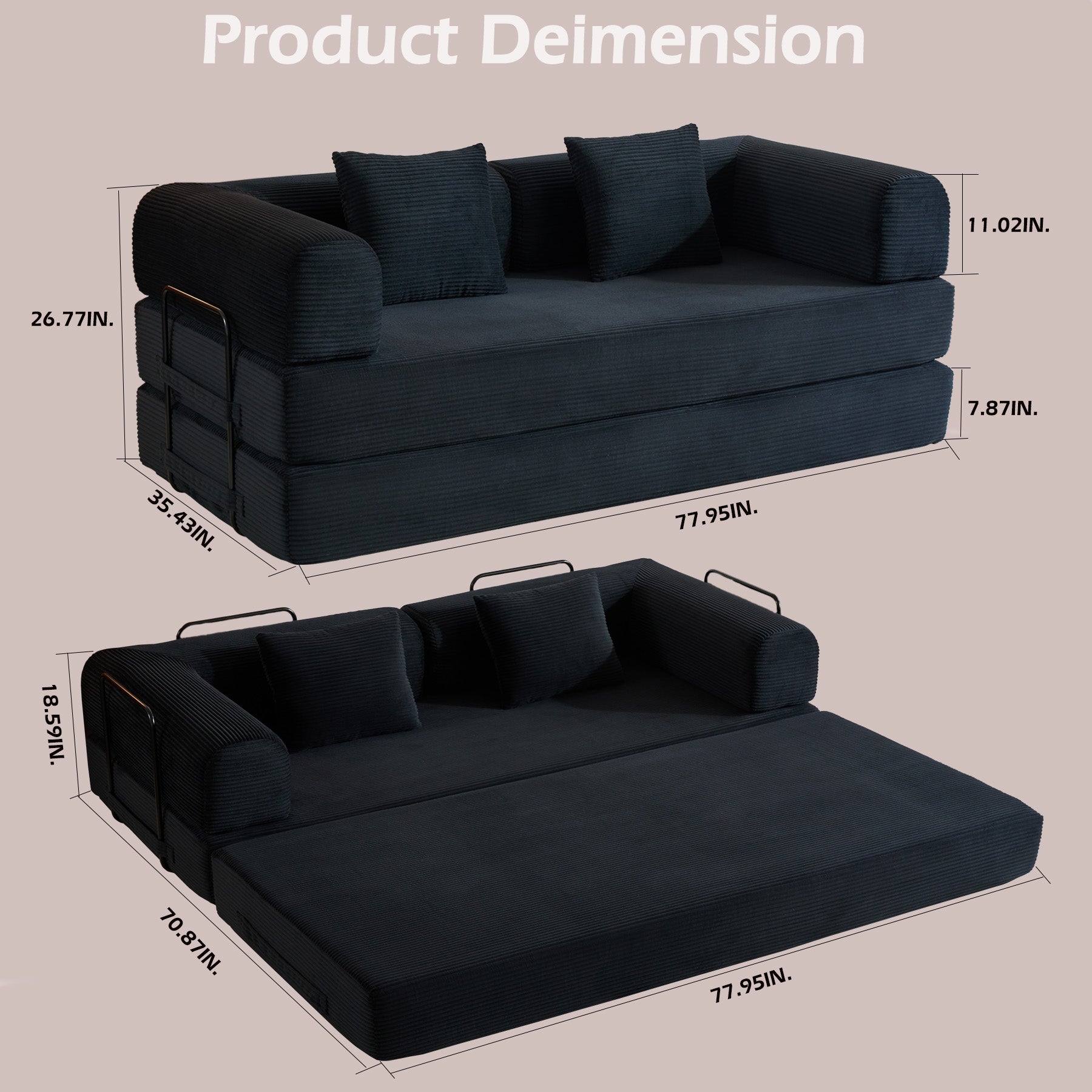 Convertible Sleeper Sofa Bed with Cylindrical Pillow