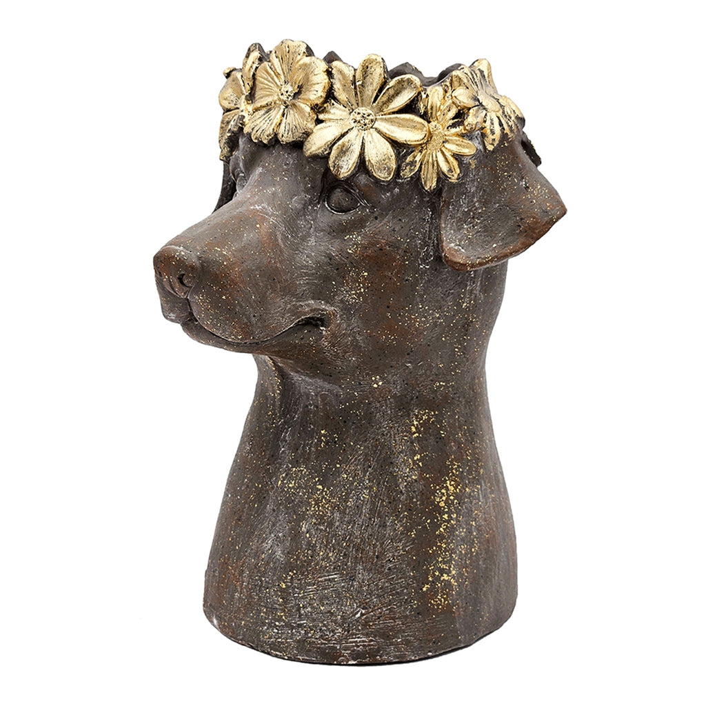 Magnesium Dog Statue Planter, 9.3 x 13 Inches, Brown with Gold Leaf Crown