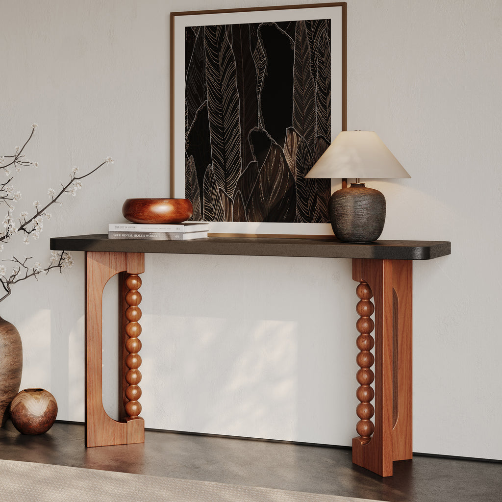 59'' Console Table for Living Room,Long Wood Sofa Table Behind Couch Table,Narrow Hallway Lacquered Accent Tables Unique Spherical Legs for Hallway, Living Room
