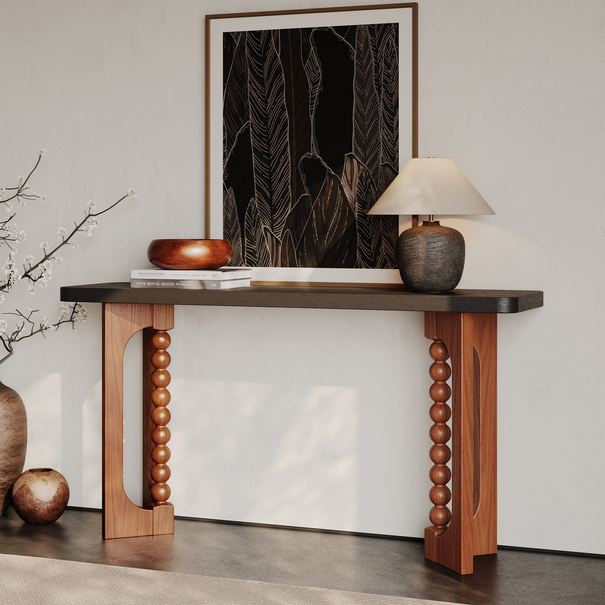 59'' Console Table for Living Room,Long Wood Sofa Table Behind Couch Table,Narrow Hallway Lacquered Accent Tables Unique Spherical Legs for Hallway, Living Room