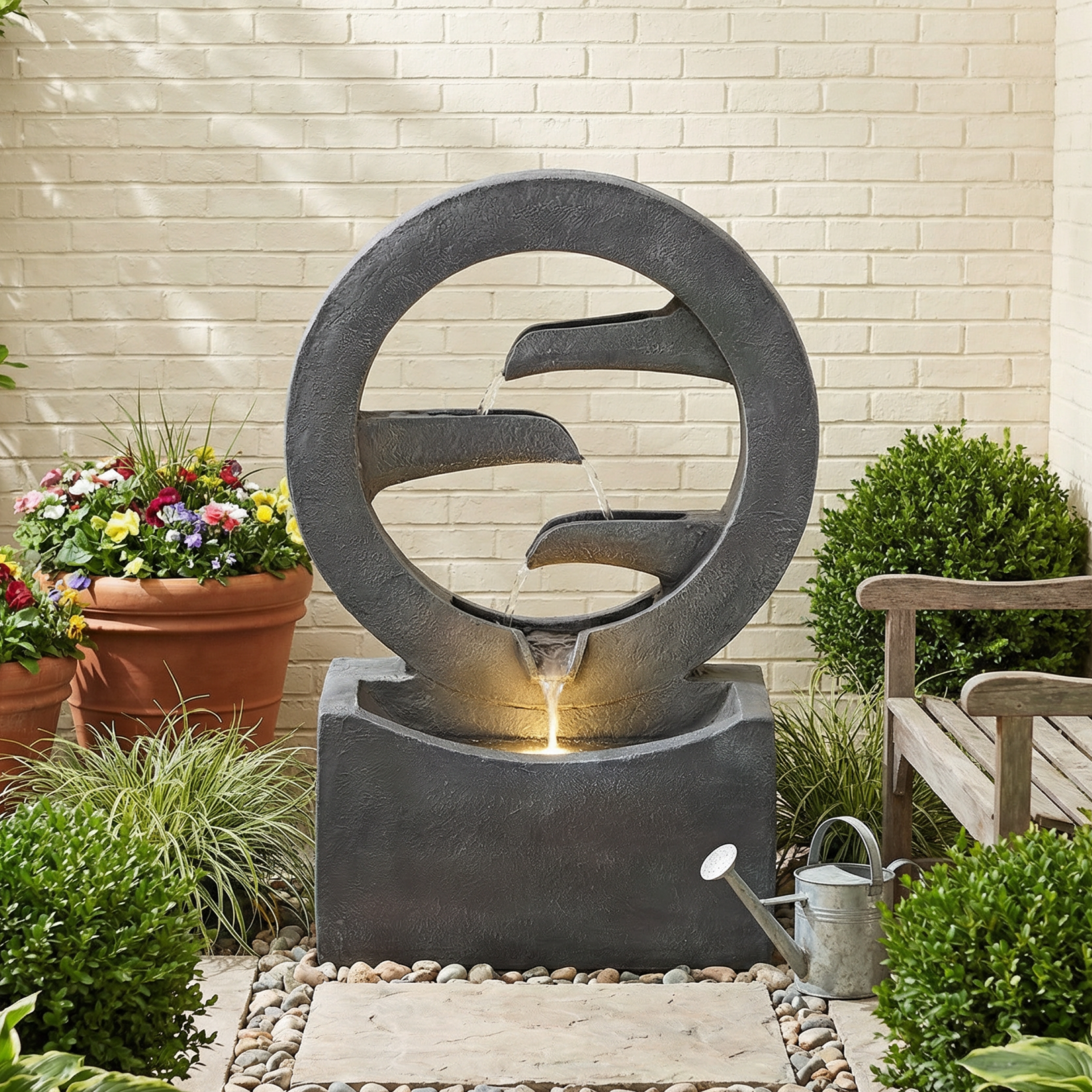 26.77"H Modern Circular Outdoor Fountain with LED Light