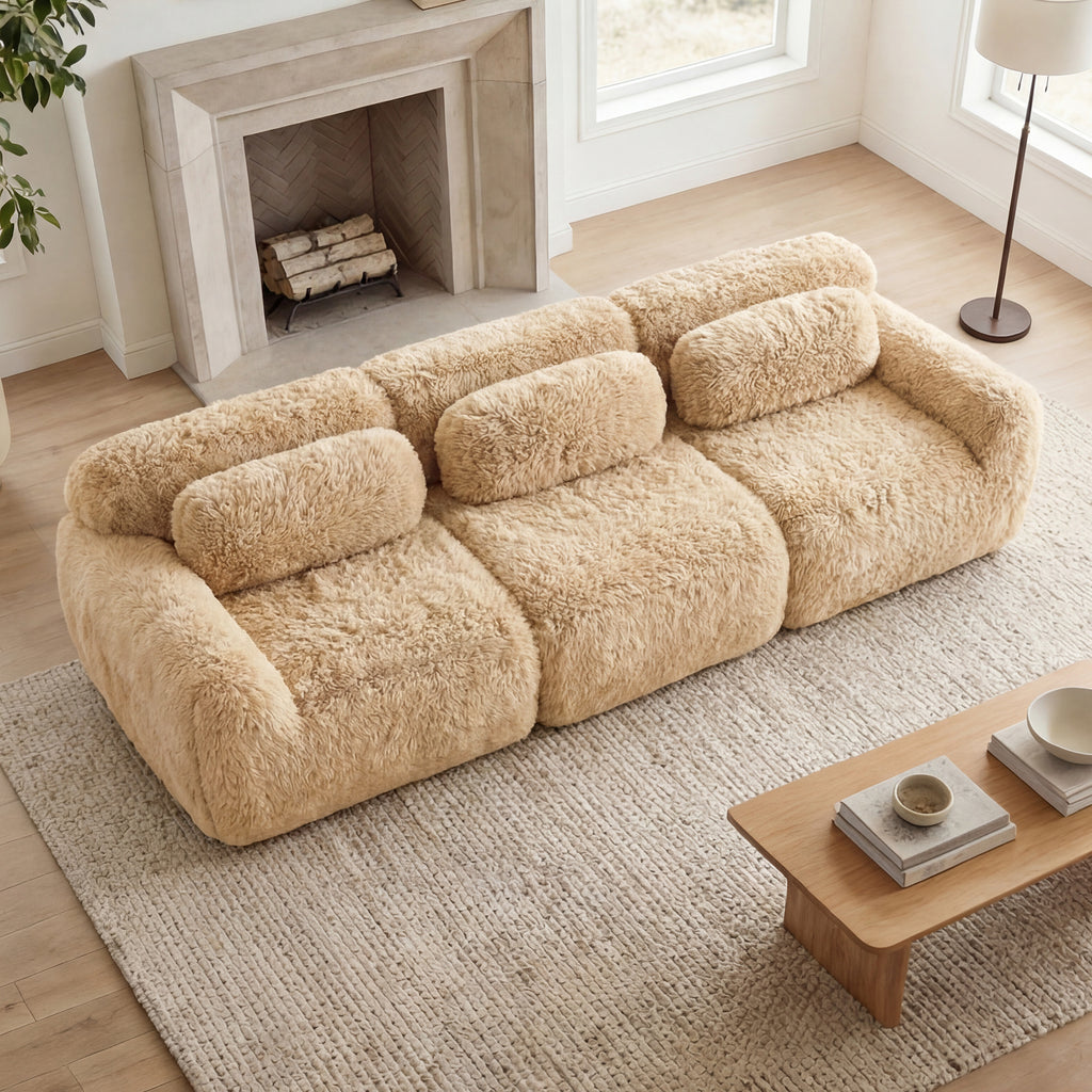 114" Soft And Fluffy Plush Fabric Modular Sectional Sofa