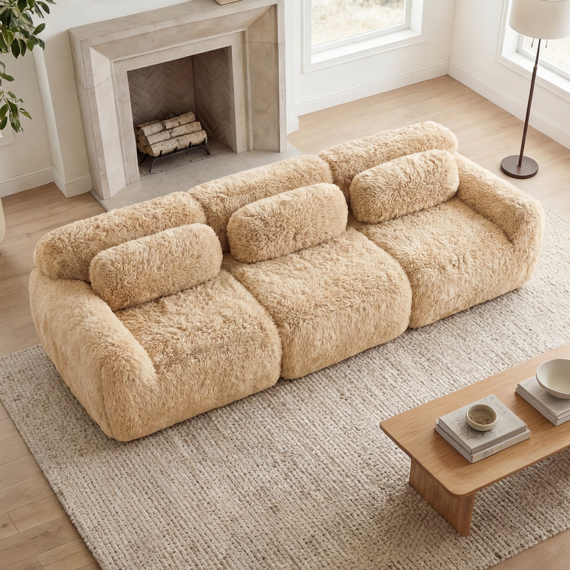 114" Soft And Fluffy Plush Fabric Modular Sectional Sofa