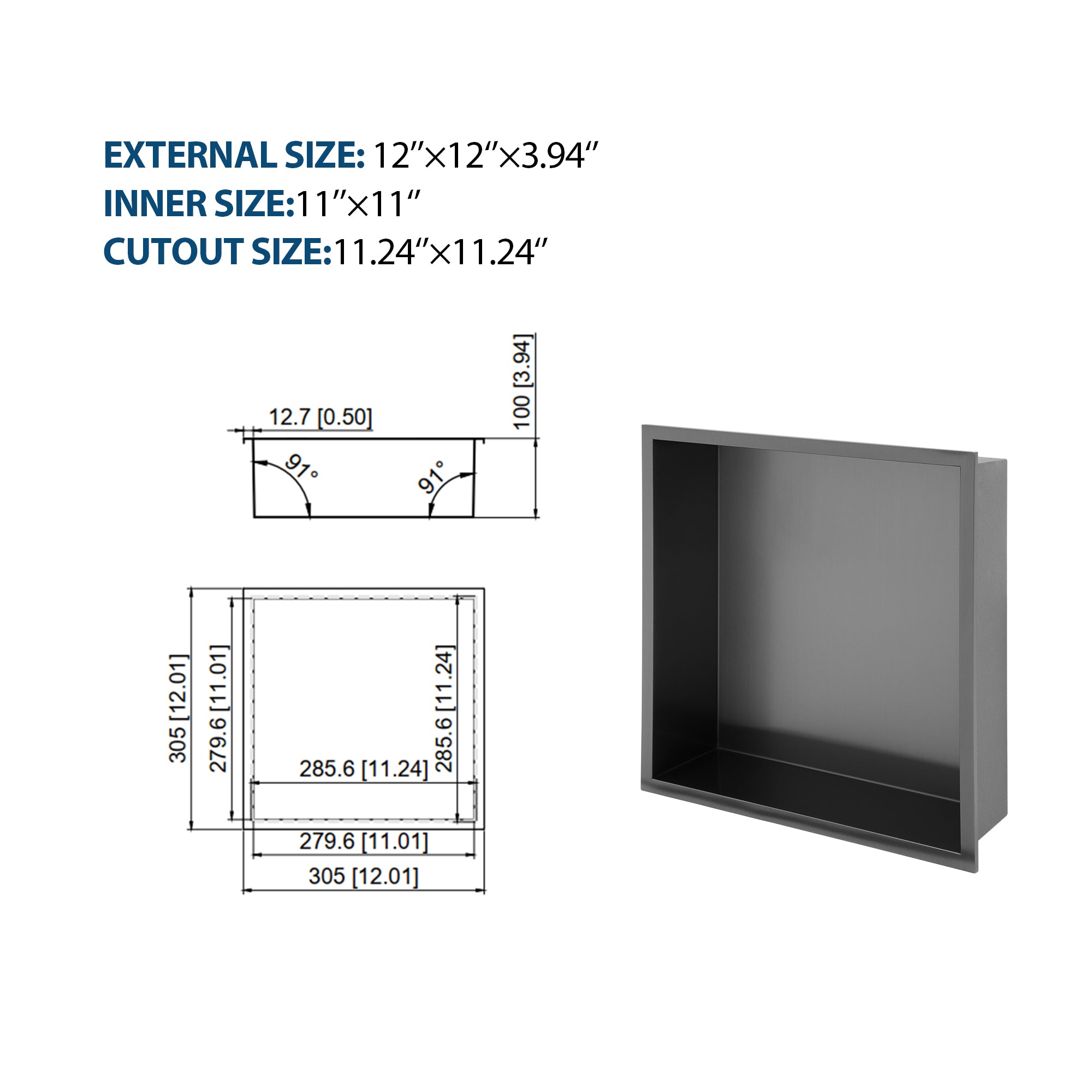 12" x 12" Stainless Steel Shower Niche - Gunmetal