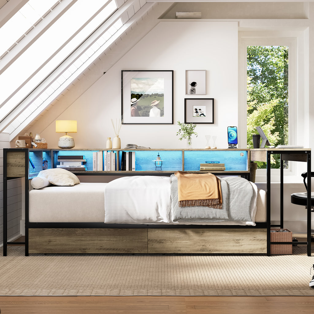 Corner Bed Frame Twin Size with Bookcase and Storage Drawers