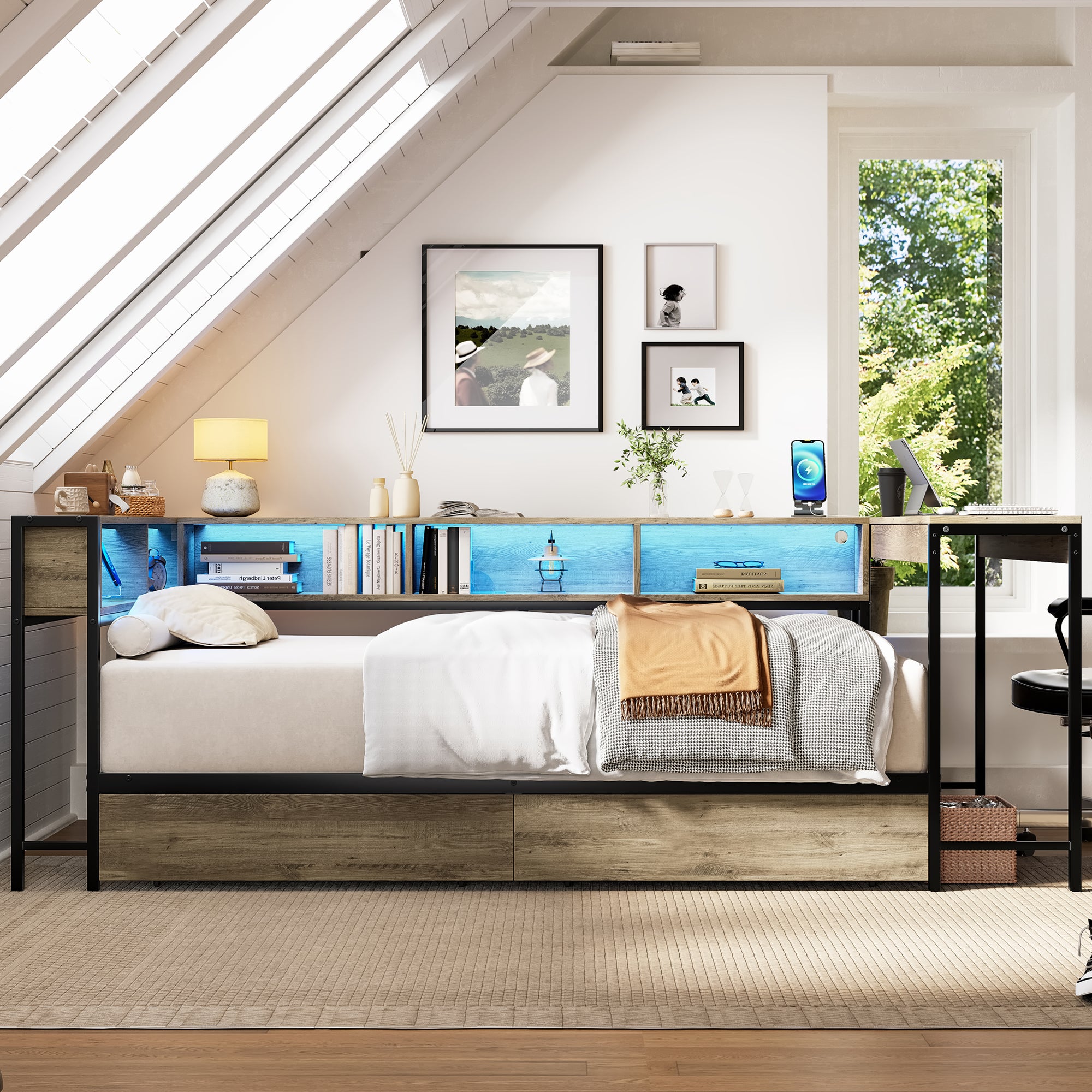 Corner Bed Frame Twin Size with Bookcase and Storage Drawers