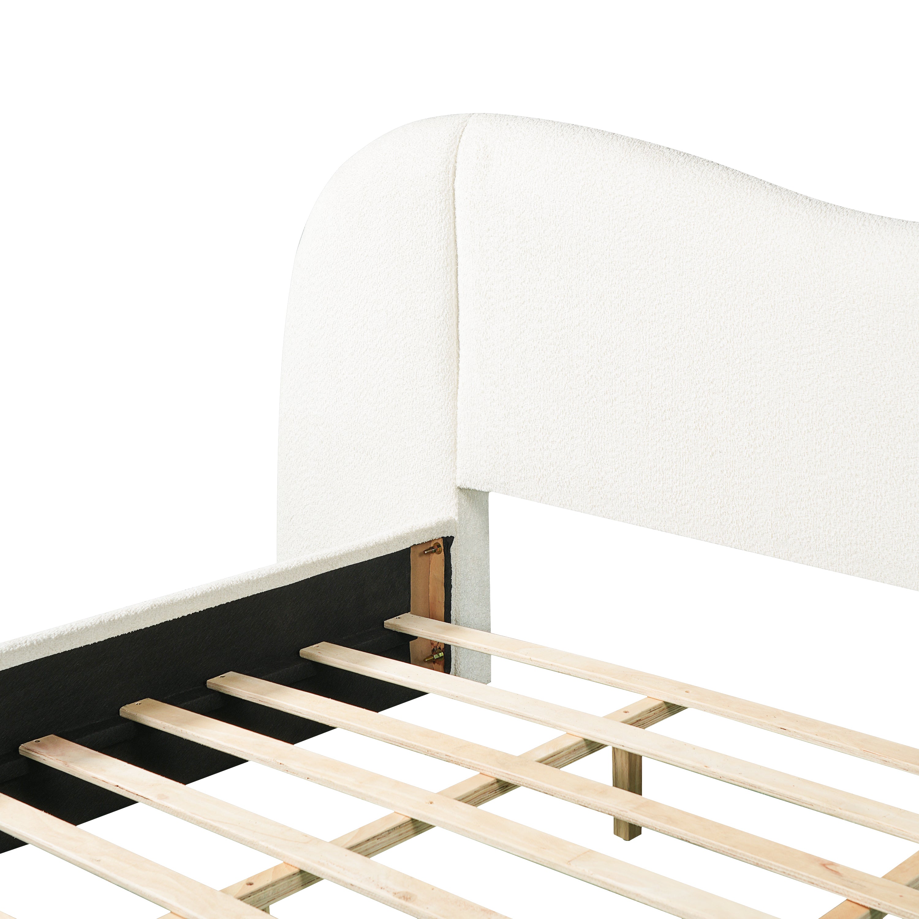 King Size Upholstered Bed Frame With Boucle Fabric Curved Headboard