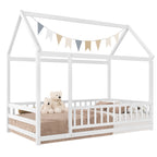 Twin Size Floor Wooden Bed with House Roof Frame