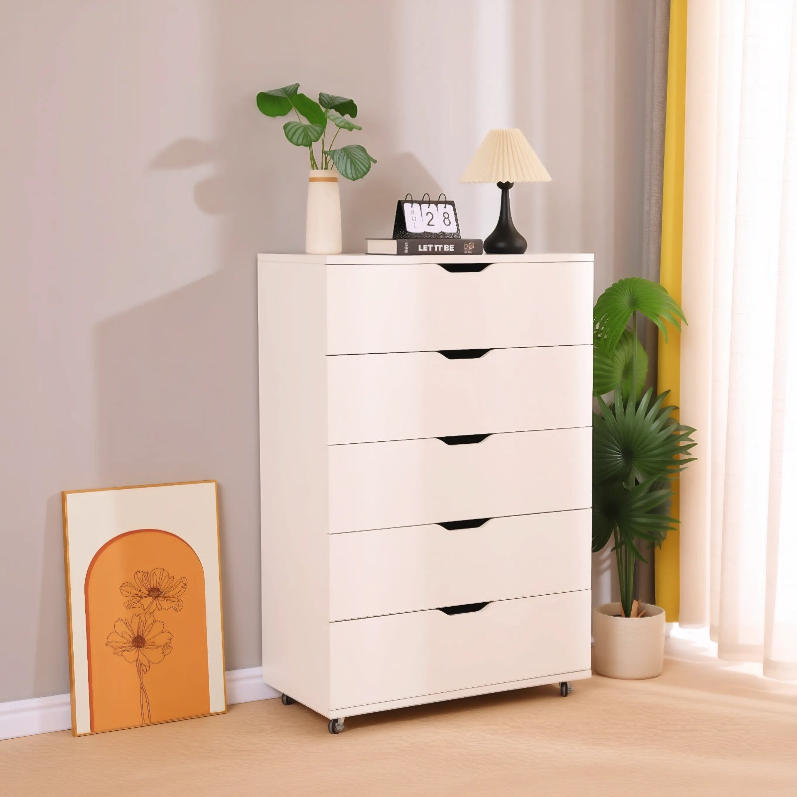White 5-Drawer Dresser with Wheels – Modern Storage Cabinet