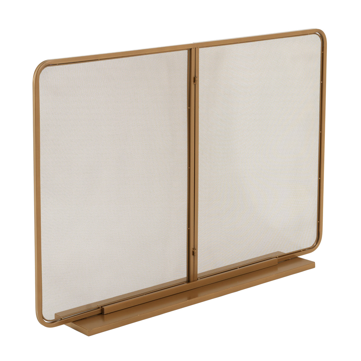 Gold Two‑Panel Freestanding Fireplace Screen, 50" W × 35" H Iron Mesh Fire Spark Barrier for Home Indoor Fireplace