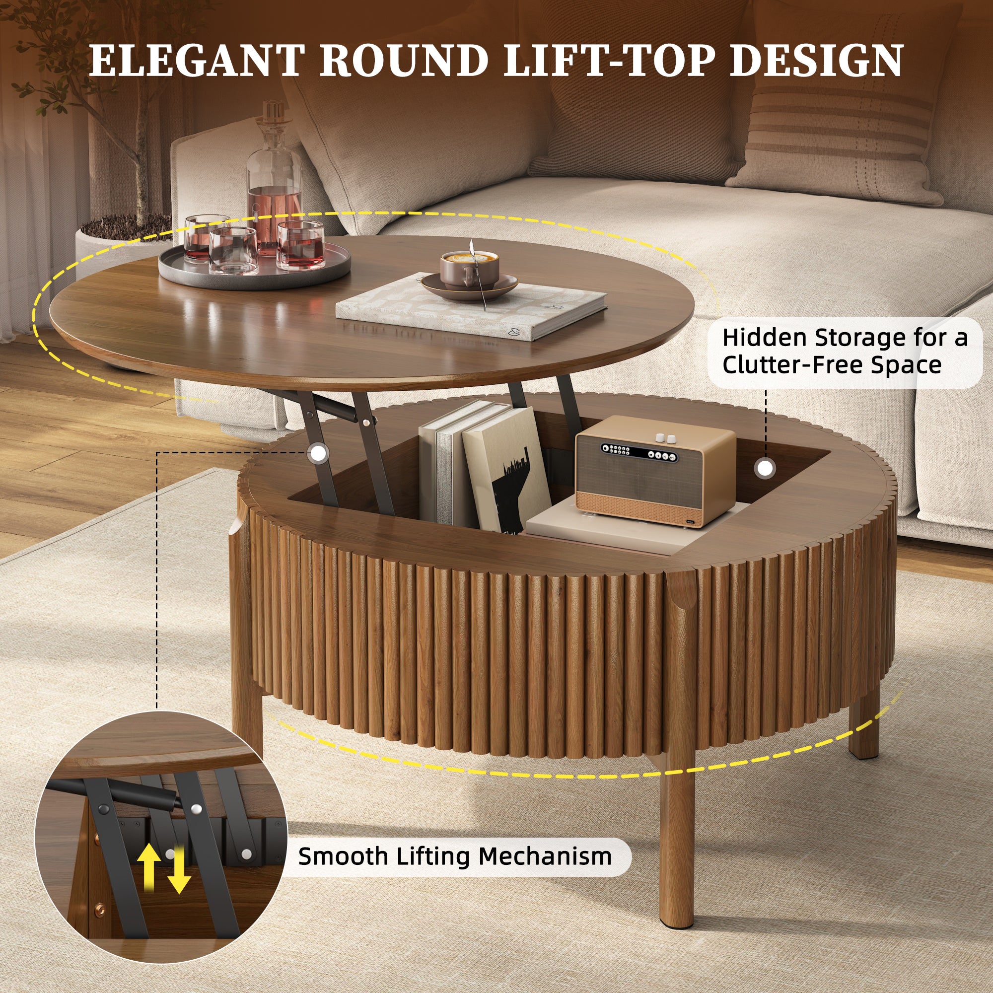 Round Lift Top Coffee Table with Hidden Storage