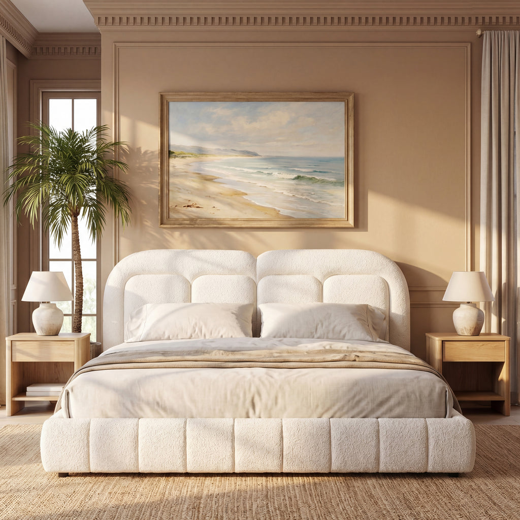 Queen Size Boucle Upholstered Platform Bed with Tufted Headboard
