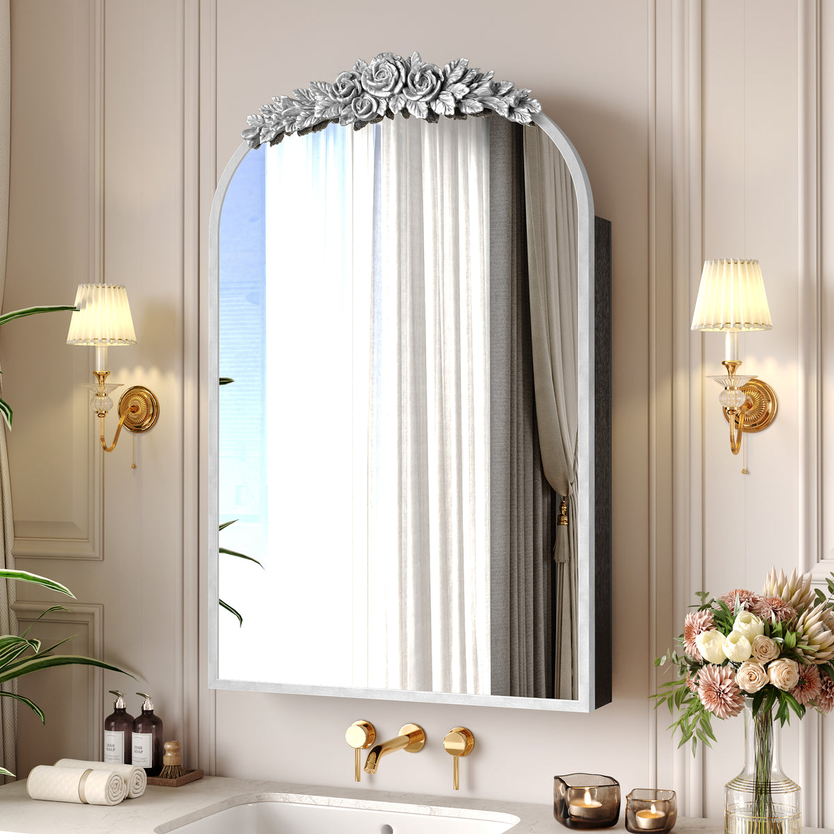 Vintage Arch Medicine Cabinet Mirror, 24 x 36 Inches, Antique Silver