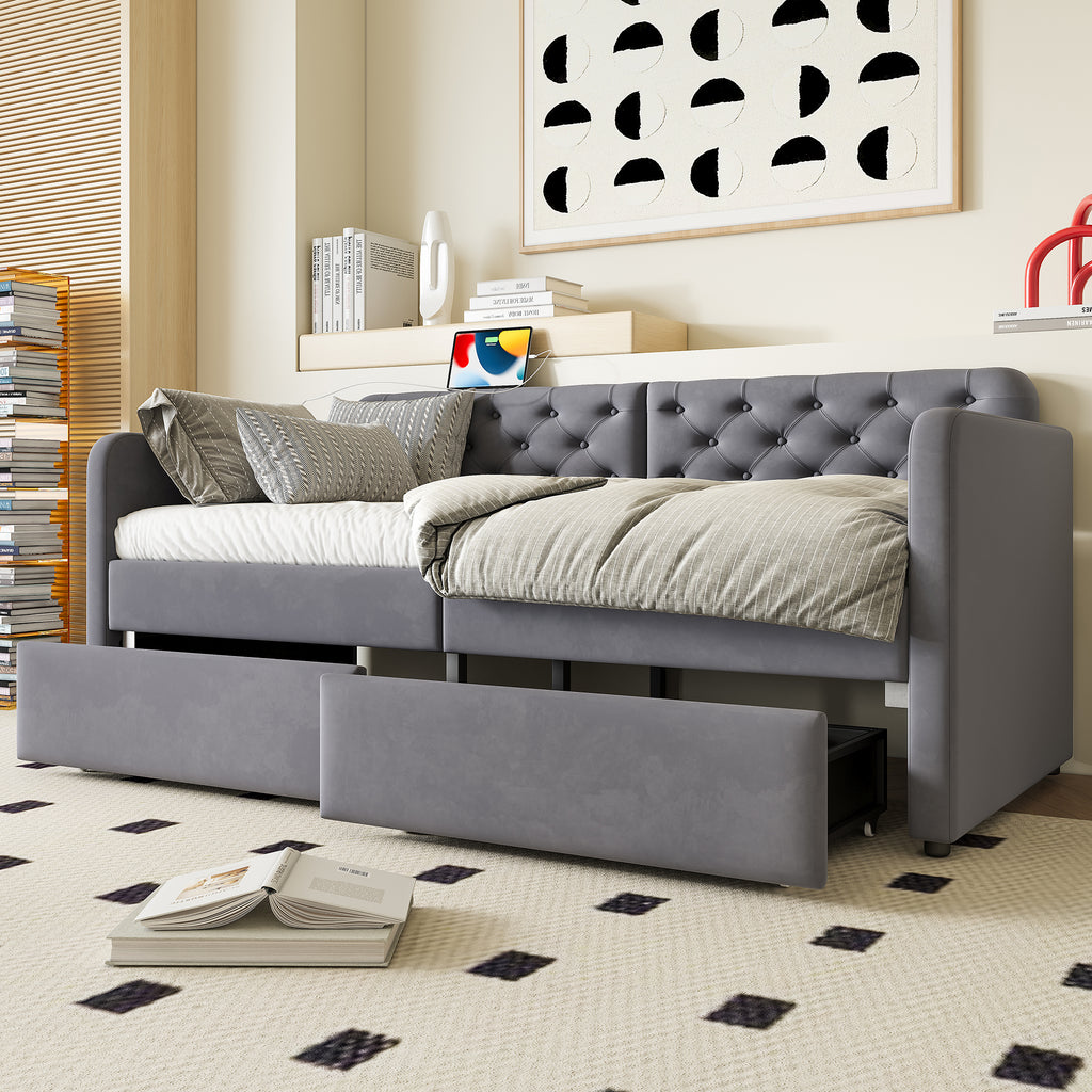 Twin Size Upholstered Daybed with Storage Drawers